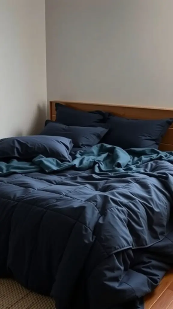 37+ Stunning Dark Blue Bedroom Ideas for a Cozy Retreat 16 A cozy bed with dark blue bedding layers, featuring various pillows and a comforter.