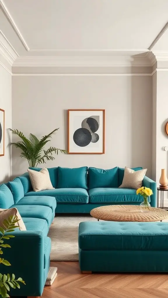 A living room featuring a teal couch with neutral walls and decorative elements.