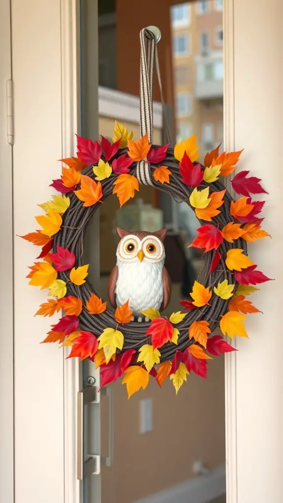 25+ Creative DIY Fall Wreath Ideas to Brighten Your Home 21 A whimsical wreath featuring an owl surrounded by colorful autumn leaves.