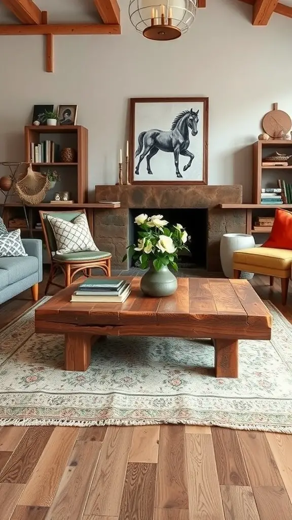 A rustic wooden coffee table in a warm earthy living room with a horse painting on the wall.