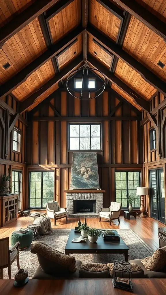 35+ Unique Pole Barn House Plans You'll Love 11 Interior of a luxurious pole barn home featuring high wooden ceilings, large windows, and cozy seating.