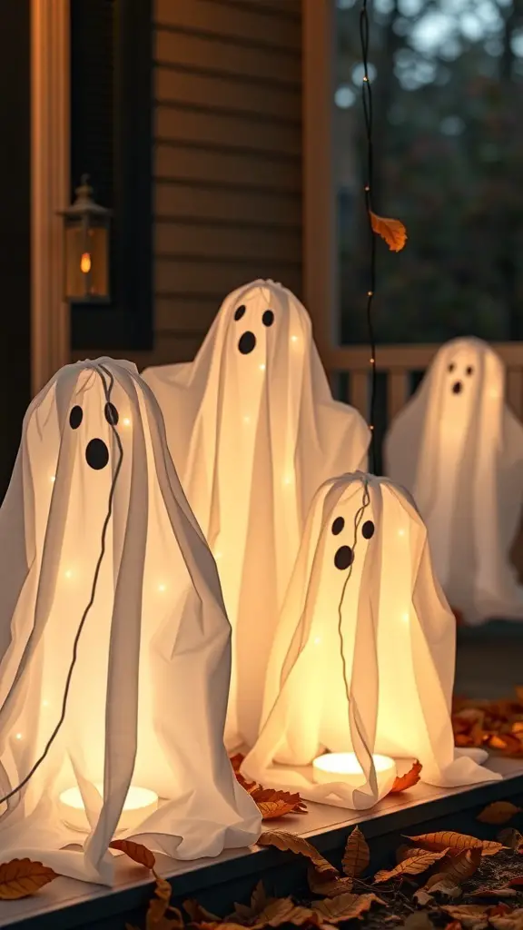 29+ Creative Halloween Craft Ideas to Spookify Your Home 11 A group of DIY ghost lanterns made from white fabric, glowing softly in the evening light.