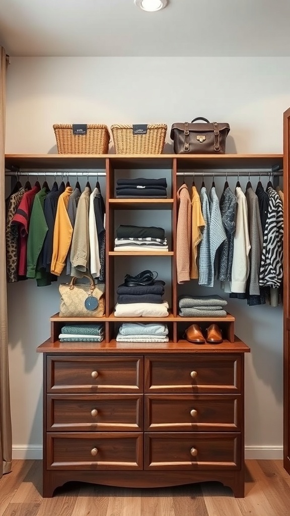 25+ Stylish Closet Ideas Featuring Dressers Inside 9 A closet with open shelving above a dresser, featuring clothes, baskets, and neatly folded items.