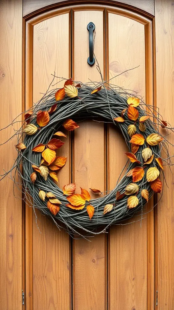 25+ Creative DIY Fall Wreath Ideas to Brighten Your Home 12 A rustic grapevine wreath adorned with dried leaves in shades of orange and yellow, hanging on a wooden door.