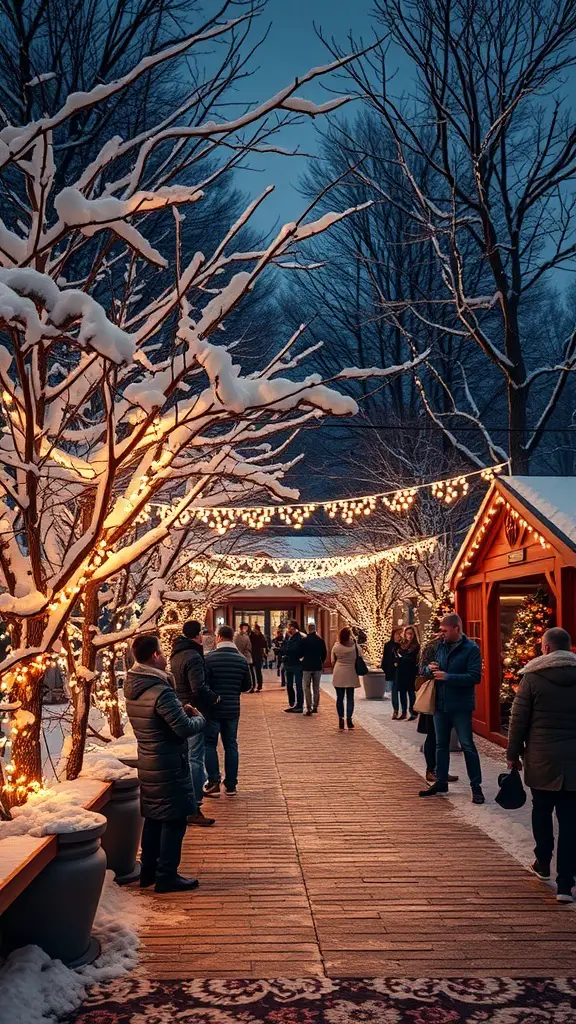 33+ Festive Christmas Party Ideas to Celebrate the Season 9 A snowy outdoor scene with twinkling lights and people enjoying a winter wonderland.