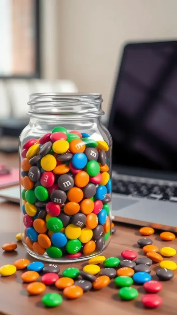 21+ Creative Office Candy Jar Ideas to Sweeten Your Workspace 8 A jar filled with colorful Chocolate M&M's on a desk next to a laptop.