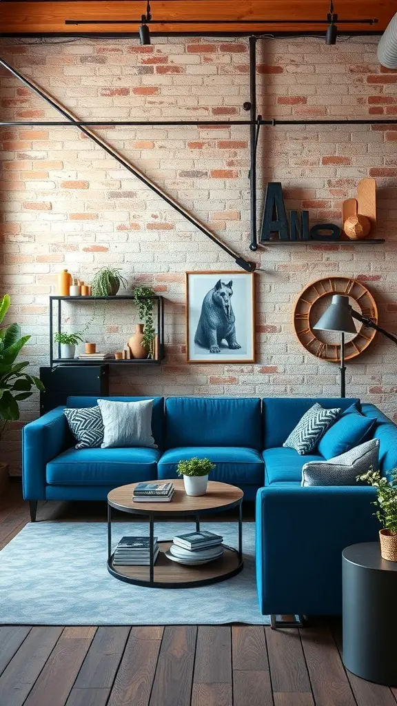 A blue sofa in a stylish loft living room with exposed brick walls and industrial decor.