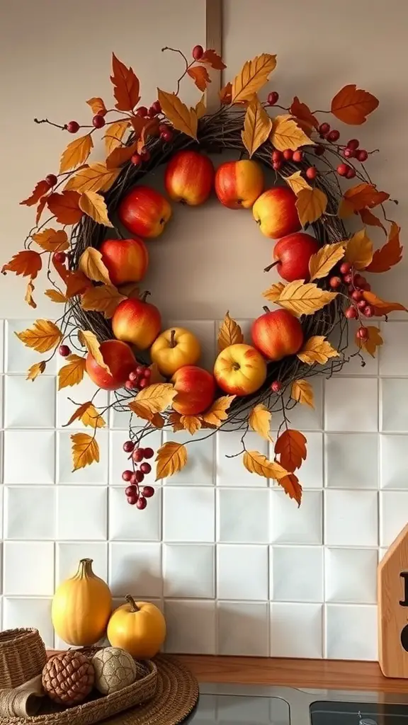25+ Creative DIY Fall Wreath Ideas to Brighten Your Home 15 A harvest-themed wreath with red and yellow apples, autumn leaves, and berries, displayed on a wall.