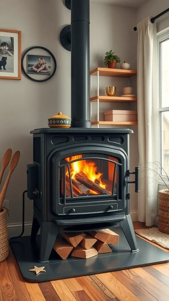A cozy wood stove with a glass door, surrounded by wooden floors and decorative items.