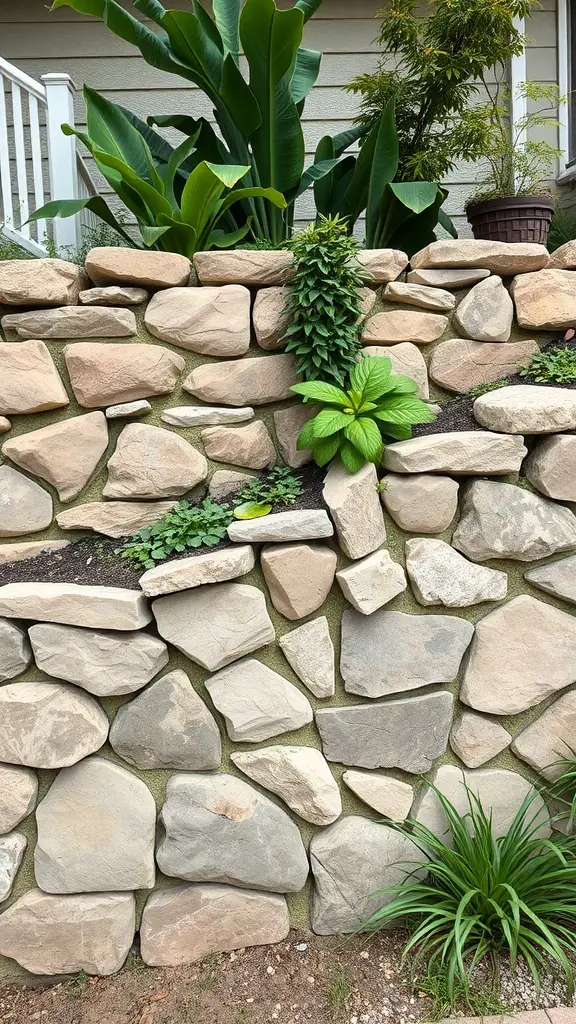 A natural stone retaining wall with various plants growing alongside it.