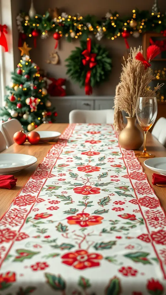 31+ Creative DIY Christmas Decorations You Can Make at Home 15 A festive table runner with floral designs on a wooden dining table, decorated for the holidays.