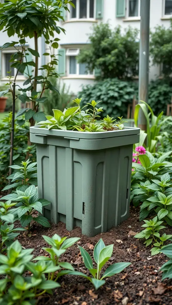 29+ Inspiring Small Urban Garden Design Ideas You’ll Love 10 A compact compost bin surrounded by green plants in a small urban garden.