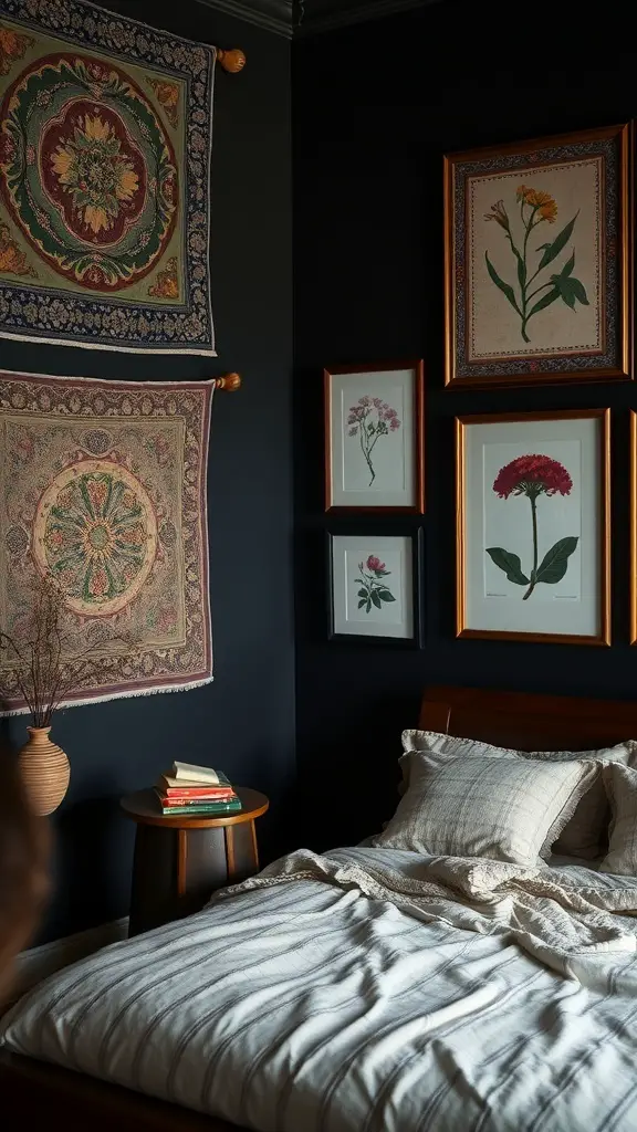 37+ Dark Cottagecore Bedroom Ideas: 15 Must-Have Items for a Cozy Retreat 4 A dark cottagecore bedroom featuring artful wall hangings, including tapestries and framed botanical prints.