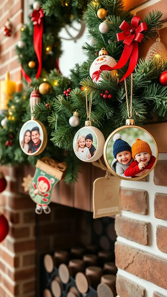 Personalized photo ornaments hanging on a festive garland