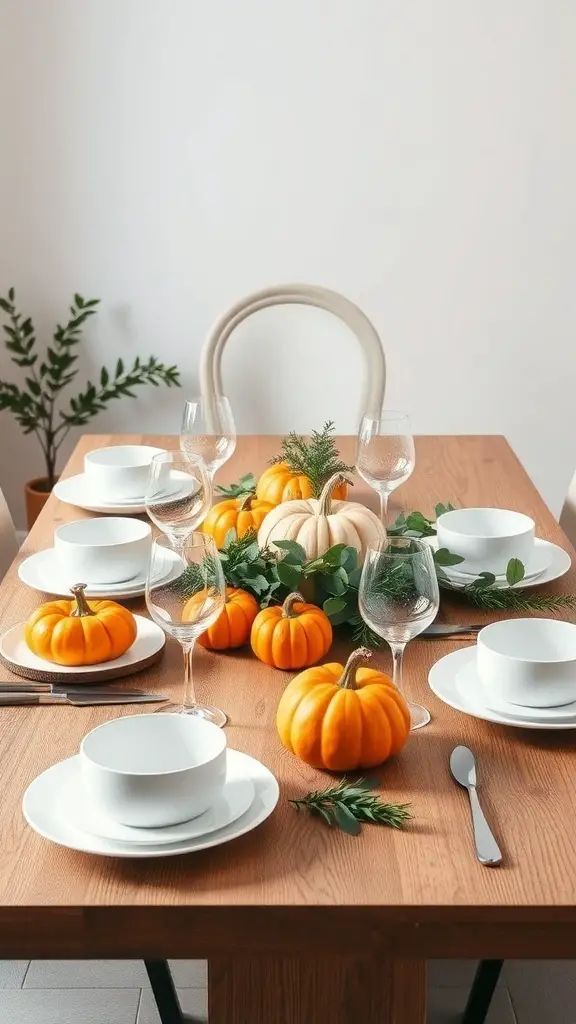 A modern minimalist Thanksgiving table setting featuring small pumpkins, greenery, and white dishware.