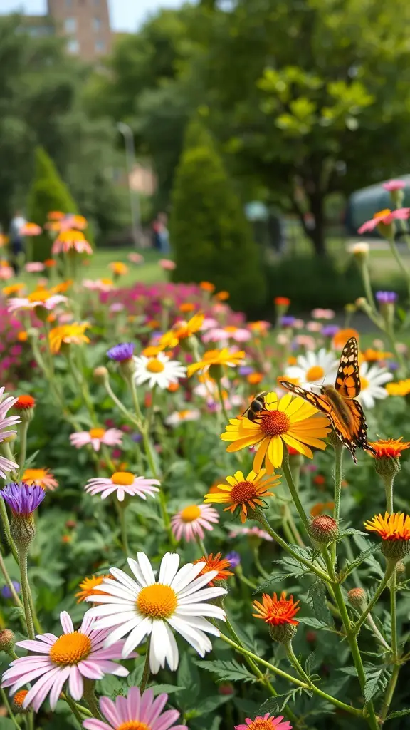29+ Creative Street Garden Ideas for a Stunning Urban Oasis 17 A colorful patch of wildflowers with a butterfly and a bee, showcasing a vibrant street garden.