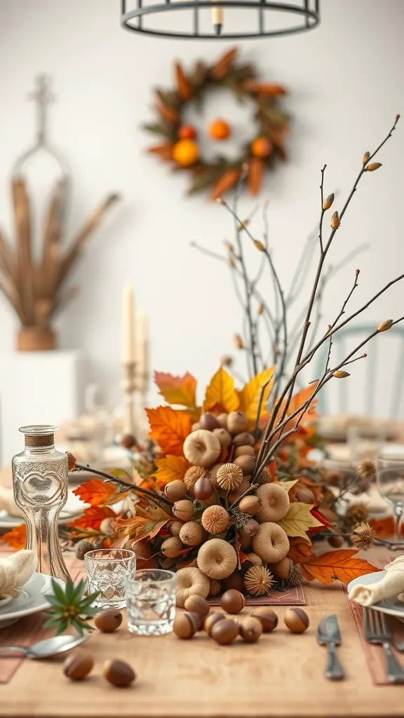 A nature-inspired Thanksgiving table centerpiece featuring autumn leaves, acorns, and twigs.