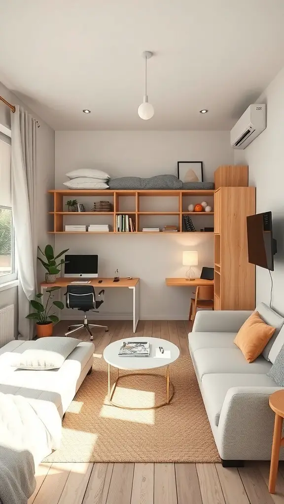 29+ Small Room Organization Ideas You Need to Try 17 A small room featuring a cozy sofa, a workspace with a desk, and shelves for organization.