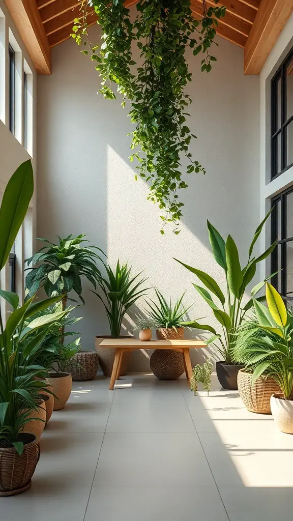 A bright indoor space with various plants and a wooden ceiling.
