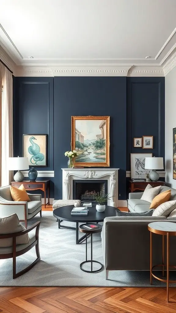 29+ Stunning Navy Blue Living Room Ideas to Transform Your Space 12 A stylish living room featuring navy blue accent walls, elegant furniture, and artwork.