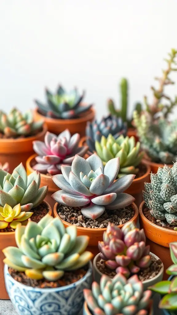 A variety of colorful succulents in terracotta pots