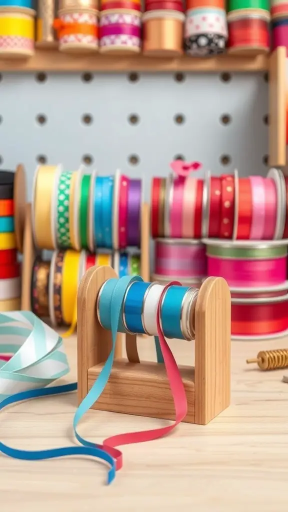 A wooden ribbon dispenser with colorful ribbons in the background.