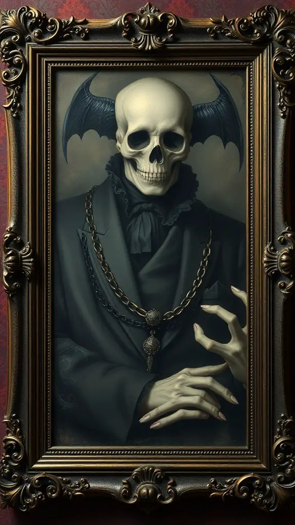 A haunted portrait of a skeleton with bat wings in an ornate frame.