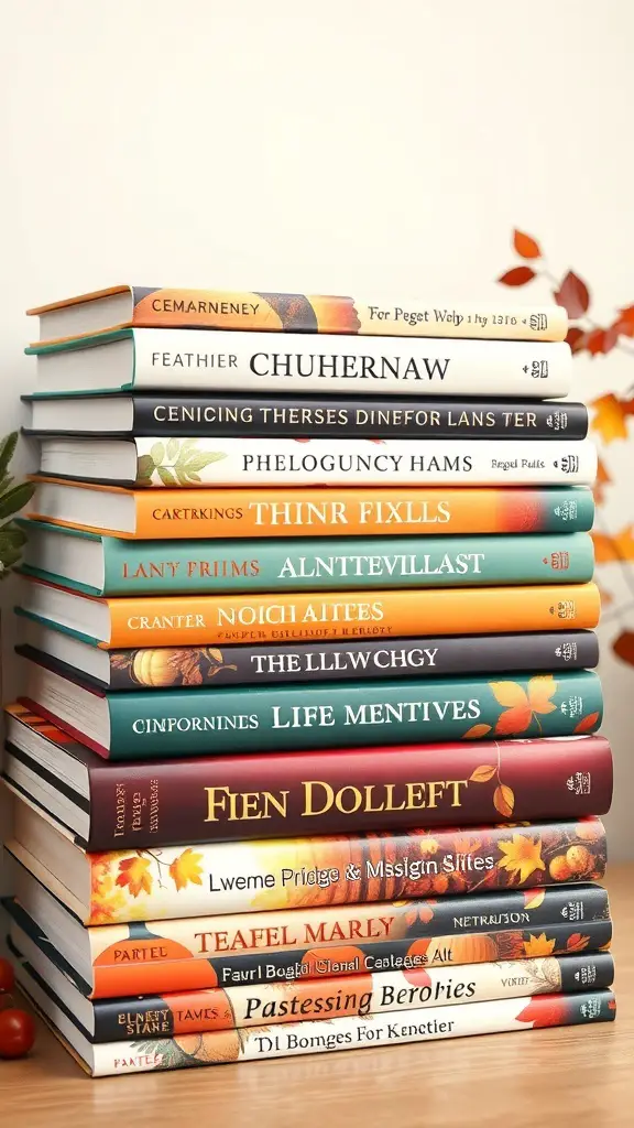 A stack of colorful coffee table books with autumn themes, showcasing a variety of titles and designs.
