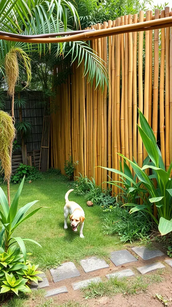 A bamboo fence surrounding a green yard with a playful dog.