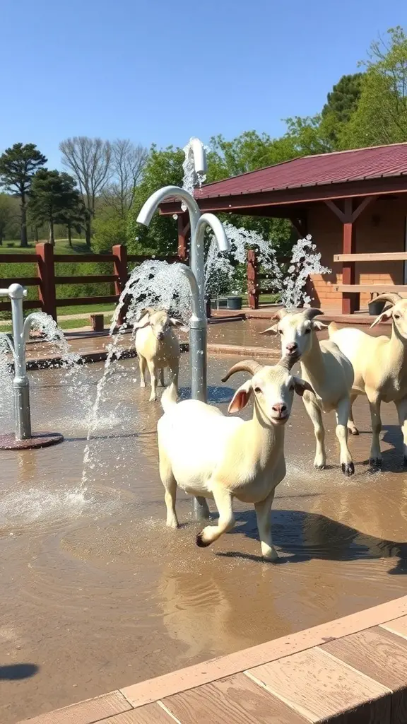 Goats playing in a water splash zone with fountains.