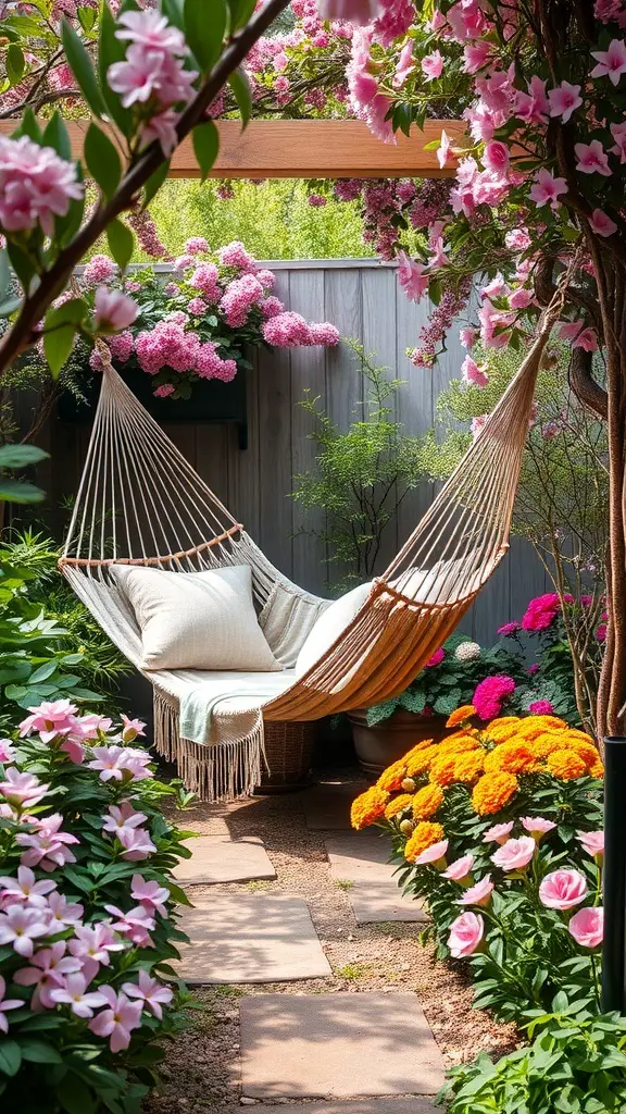 A cozy hammock surrounded by flowers in a garden