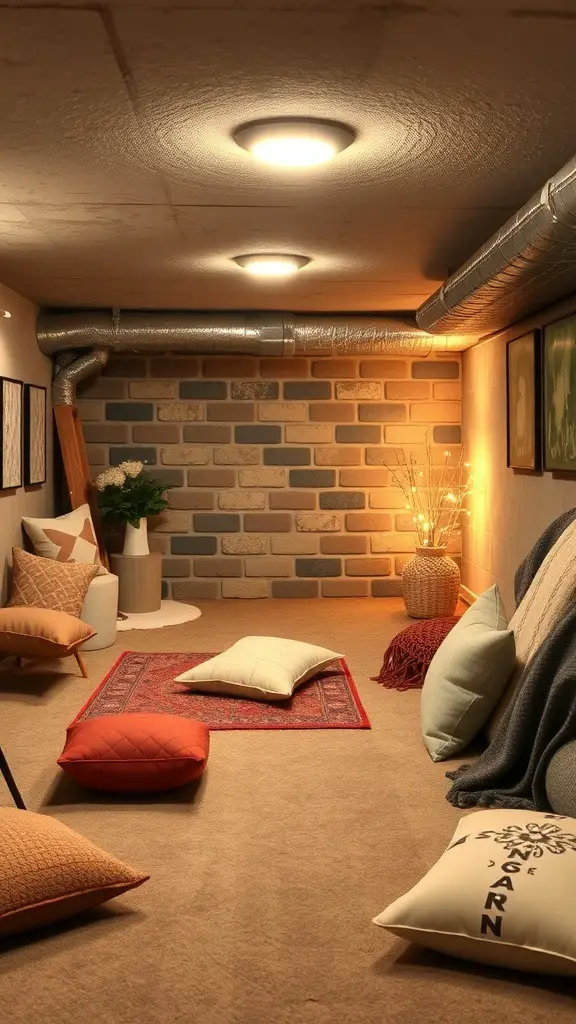 Cozy basement with soft textiles, including cushions and a rug, creating a warm and inviting atmosphere.