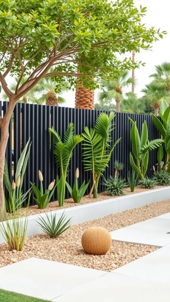Modern black fence with tropical plants and gravel pathway in a landscaped garden.