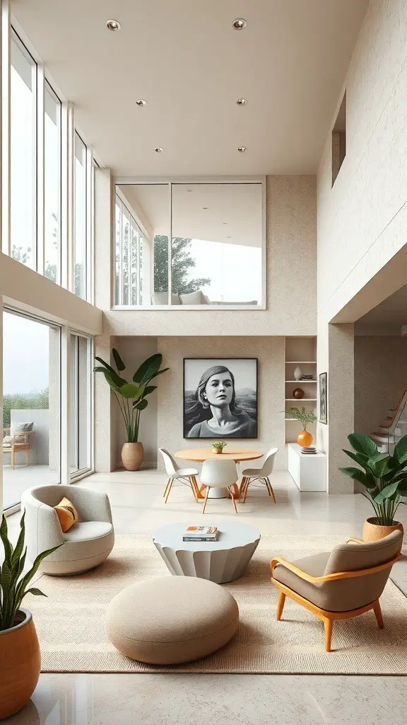 31+ Inspiring Mid Century Decor Ideas for a Stylish Home 15 A spacious mid-century living room featuring sculptural furniture and large windows.