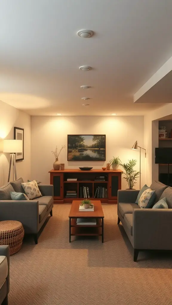 Cozy basement living area with low ceiling, featuring comfortable seating and functional furniture.