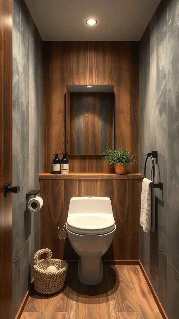 27+ Stunning Statement Powder Room Ideas to Transform Your Space 20 A stylish powder room featuring a mix of wooden and stone-like textures.