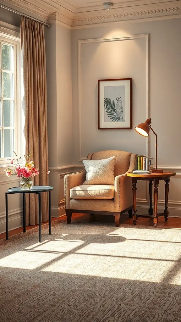 25+ Stunning Ralph Lauren-Inspired Interior Design Ideas 11 Cozy reading nook with an armchair, lamp, and side table near a window