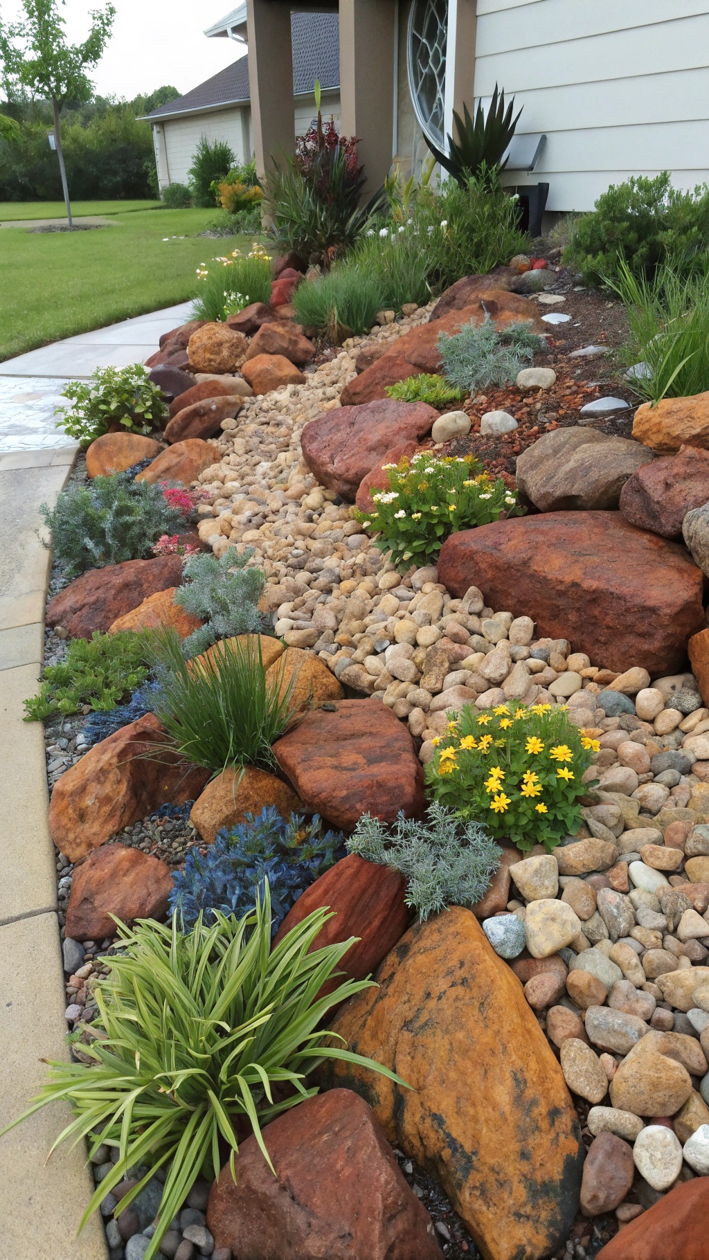 25+ Inspiring Rock Bed Landscaping Ideas for Your Garden 21 A close-up view of a rock bed featuring various smooth pebbles in shades of gray, beige, and brown, with small green plants.