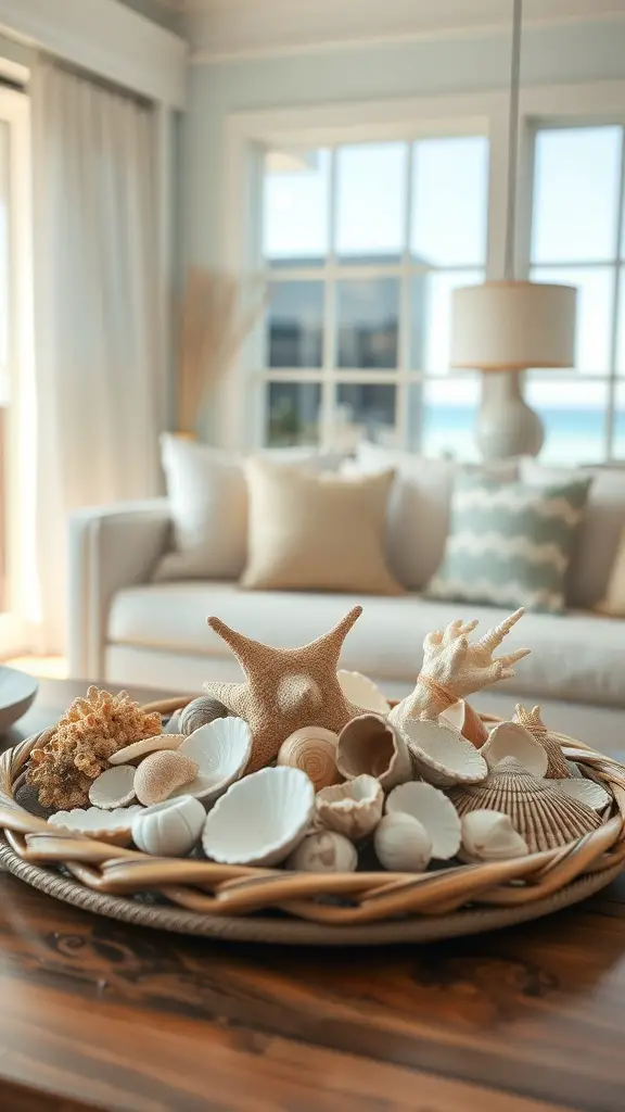 29+ Stunning Beach House Decor Ideas You'll Love 13 A decorative arrangement of various shells and corals in a woven basket on a coffee table.