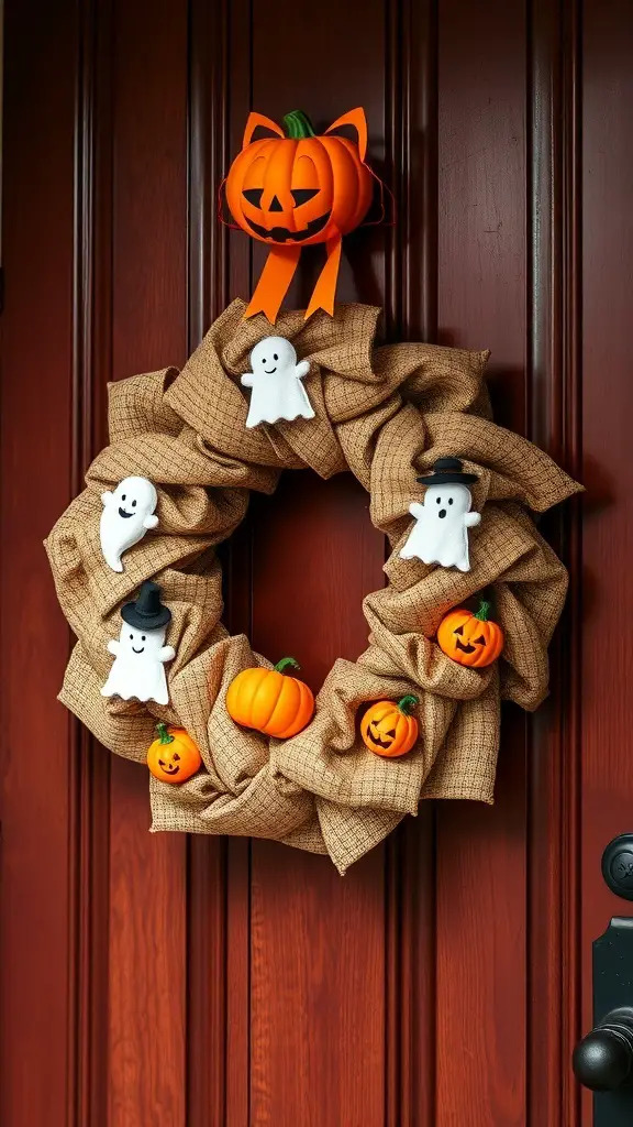 A burlap Halloween wreath with ghosts and pumpkins on a wooden door