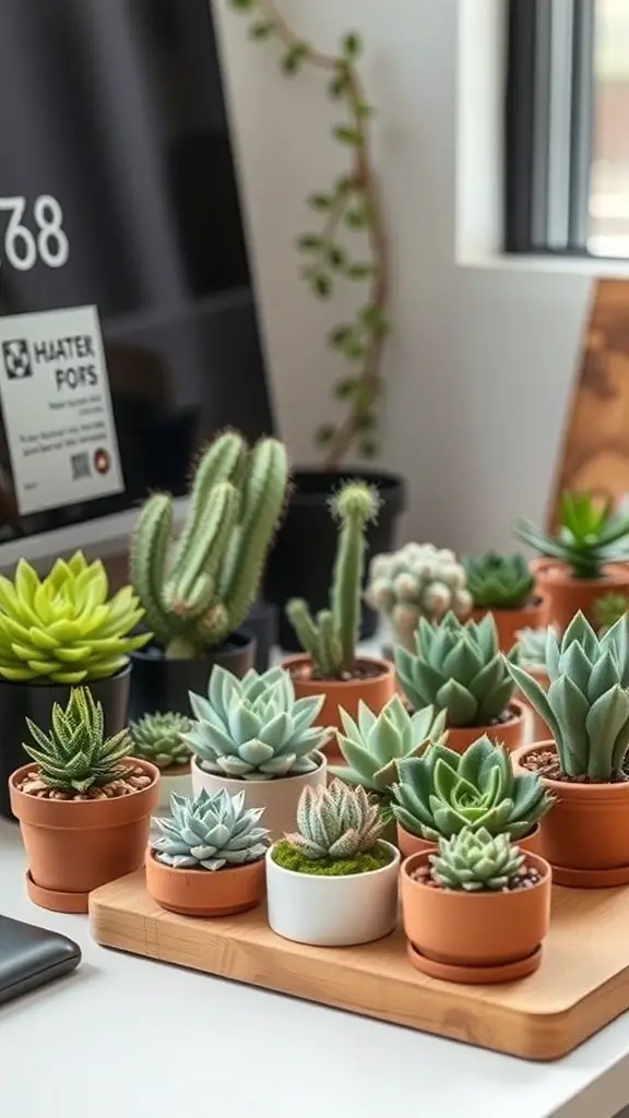 27+ Unique Christmas Gifts for Your Coworkers This Holiday Season 15 A variety of succulent plants in small pots arranged on a wooden tray.