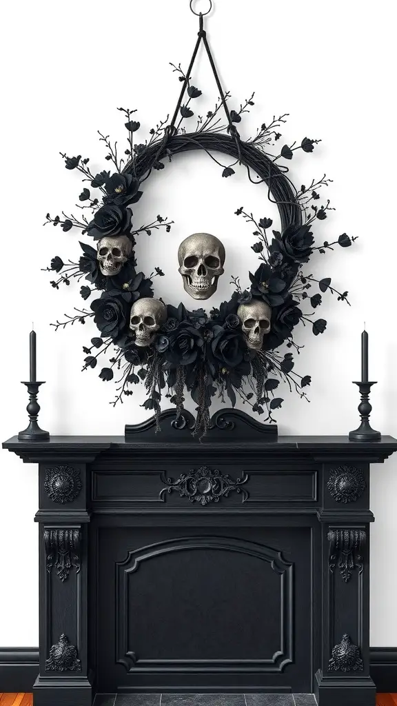 27+ Spook-tacular Halloween Mantel Decor Ideas with 15 Must-Have Items 8 A gothic wreath centerpiece featuring black roses and skulls, perfect for Halloween decor.