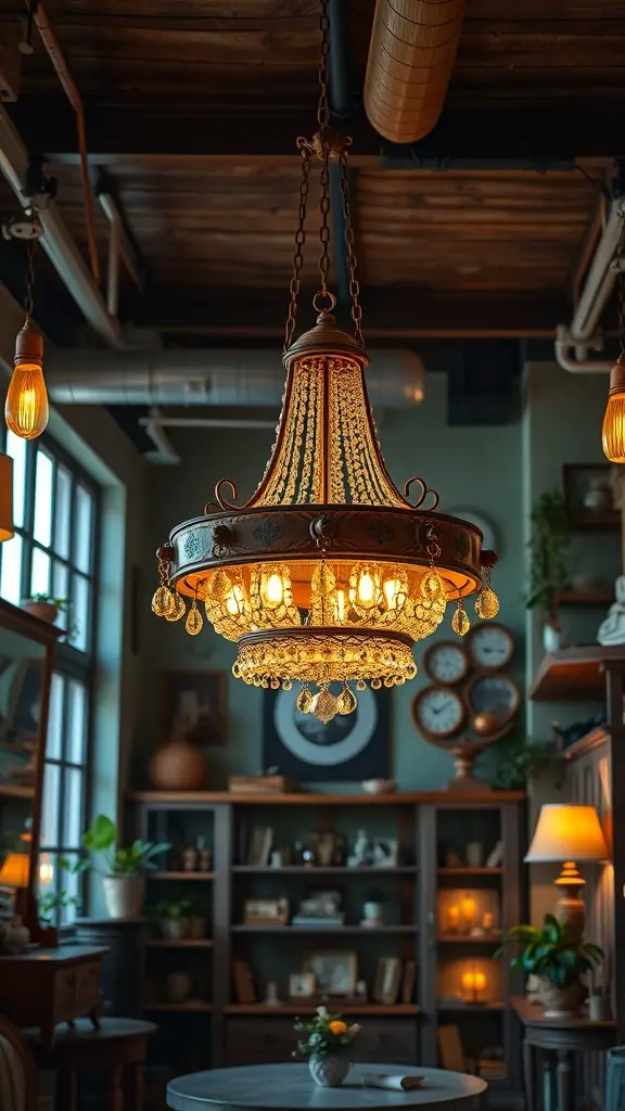 19+ Stunning Vintage Maximalism Decor Ideas to Transform Your Space 8 A vintage chandelier with intricate design and warm lighting hanging in a cozy room.