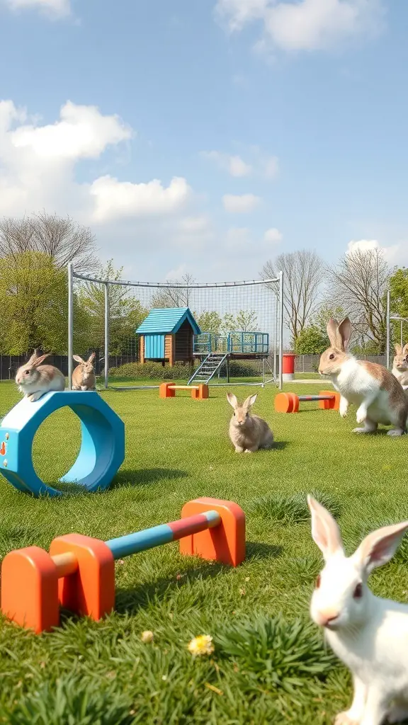 27+ Must-Have Features for the Ultimate Rabbit Playground 10 A playground for rabbits featuring colorful obstacle courses and playful bunnies.