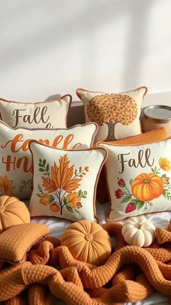A collection of fall-themed decorative pillows in warm colors, featuring designs of leaves, pumpkins, and seasonal phrases.