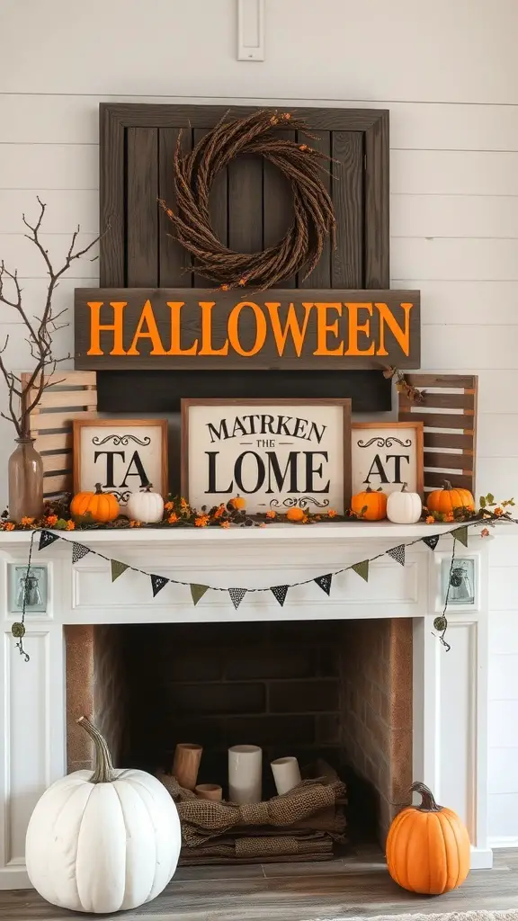 27+ Spook-tacular Halloween Mantel Decor Ideas with 15 Must-Have Items 12 A rustic Halloween mantel decor featuring wooden elements, pumpkins, and a sign.