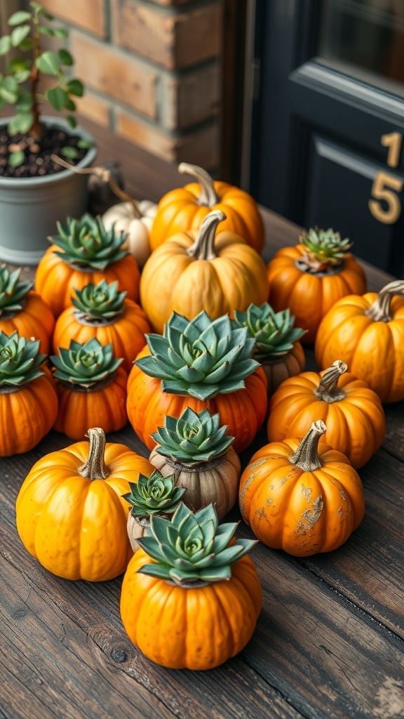 29+ Creative Halloween DIY Decorations to Scare Up Your Home 8 A collection of small pumpkins with succulents planted in them, arranged on a wooden table.