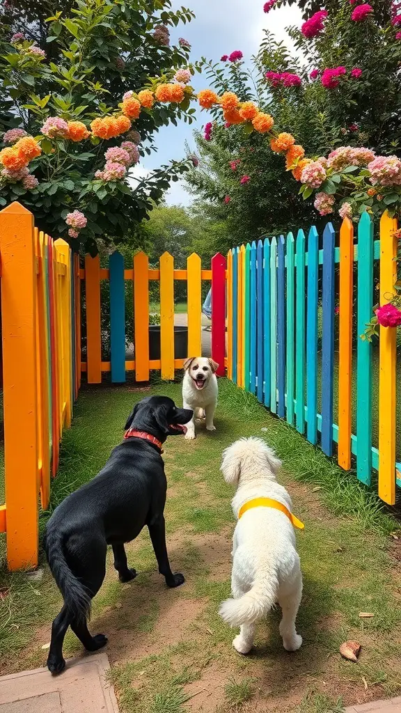 Colorful painted dog yard fence with two dogs playing