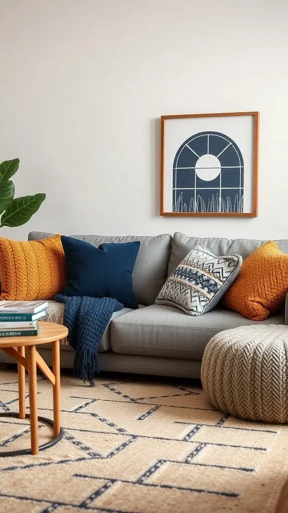 29+ Stunning Navy Blue Living Room Ideas to Transform Your Space 13 Cozy navy blue living room with gray couch, colorful pillows, and textured rug