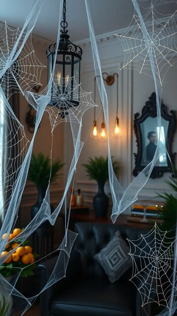 Elegant Halloween decor featuring spider webs hanging from a lantern